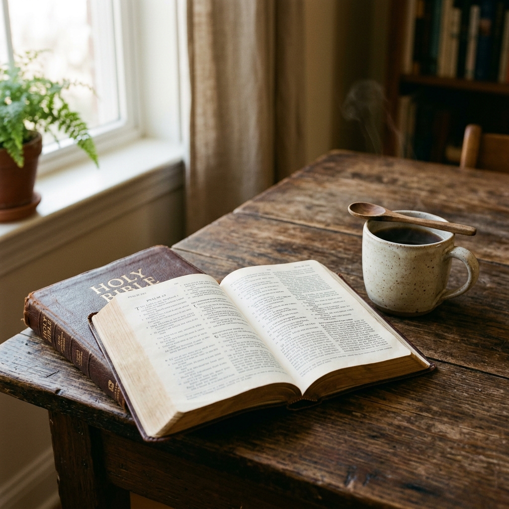 An open Bible on a wooden table