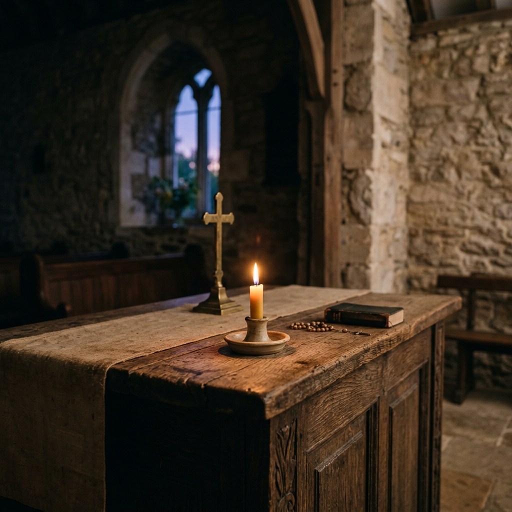 A single candle burning beside a cross