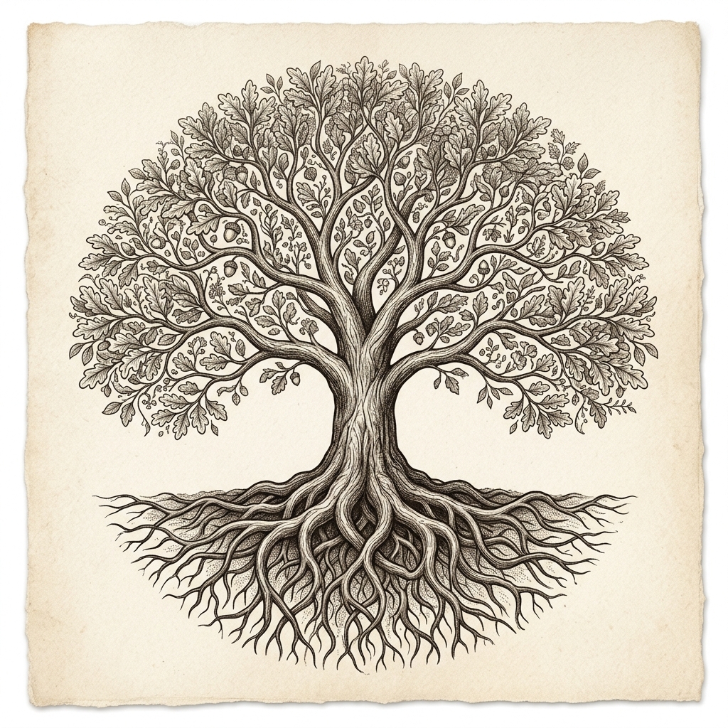 Classical engraving of the Tree of Life with roots and canopy