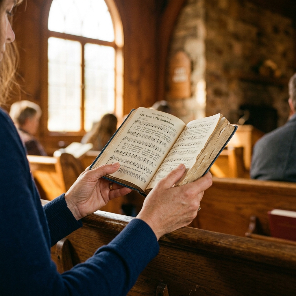 Holding a hymnal during Sunday worship